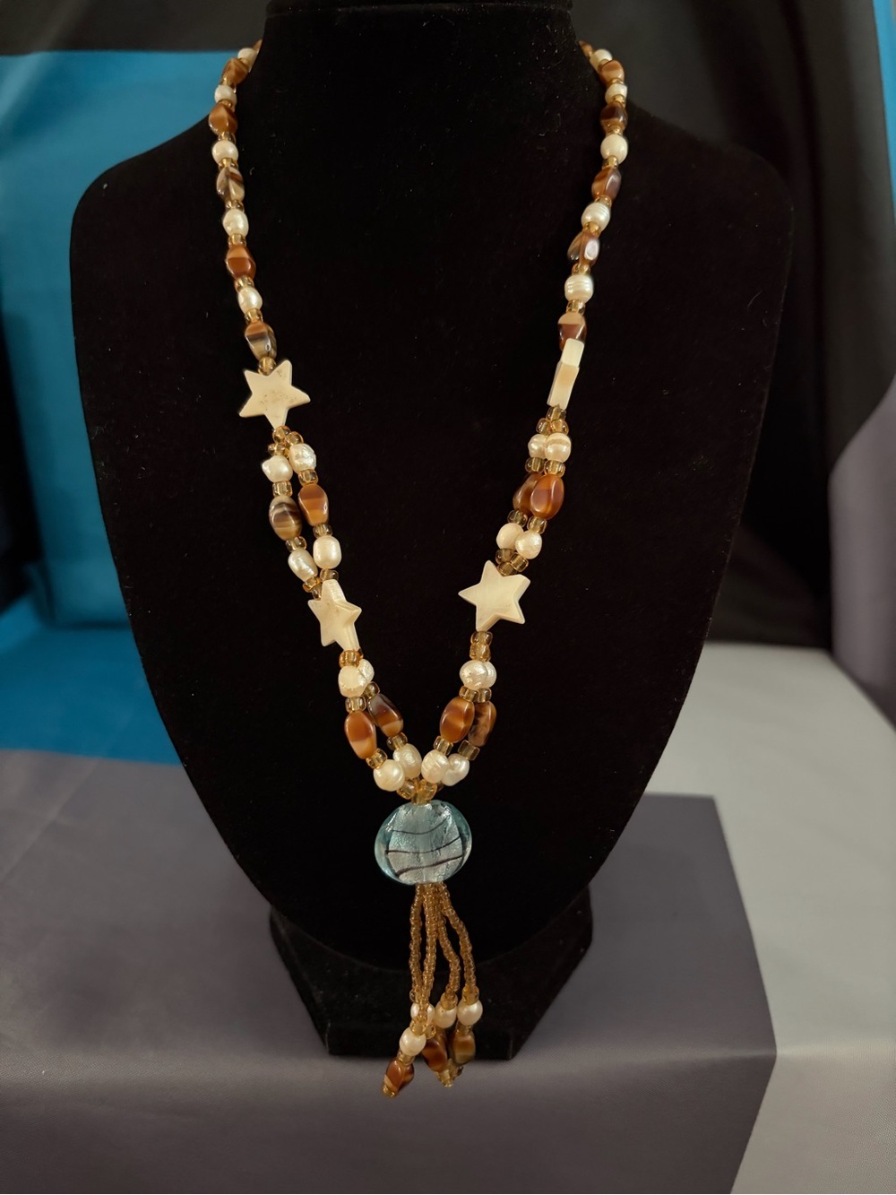 Brown & Cream Beaded Necklace with Blue Glass Pendant